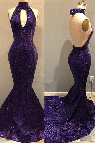 SEQUINS HALTER GRAPE PROM DRESS BACKLESS LONG EVENING GOWNS HZ1023
